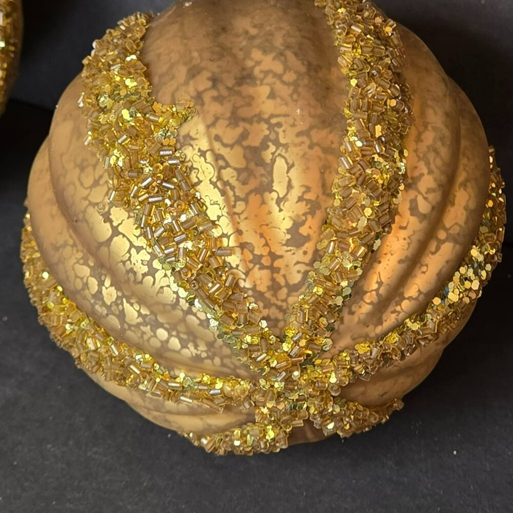 Frontgate Gold Glass Christmas Ornaments Set 2 Beaded Ribbed Crackle Finish 4" - Picture 5 of 7